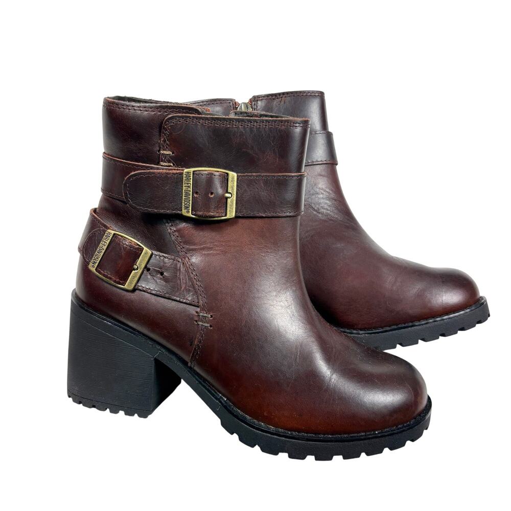 Harley Davidson Women's Brown Lalanne Double Strap Motorcycle Boots Block Heel 7 - Picture 2 of 9